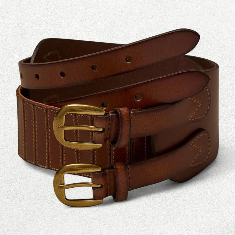 Lucky Brand Double Buckle Leather Stretch Belt in Brown
